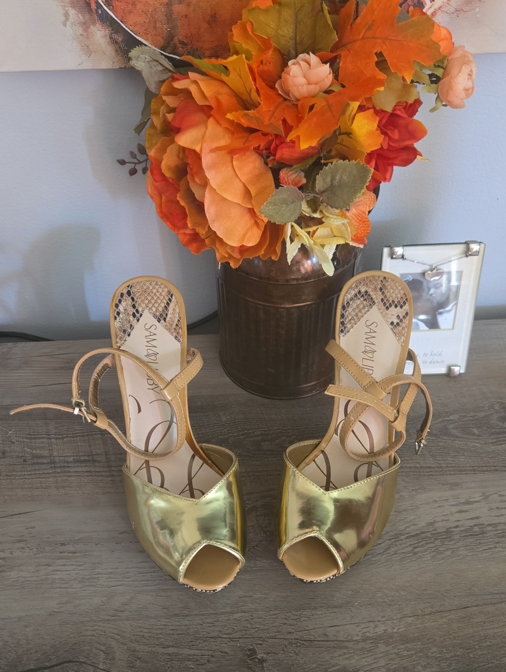 Sam & Libby Metallic Gold Open-Toe Ankle-Strap Heels